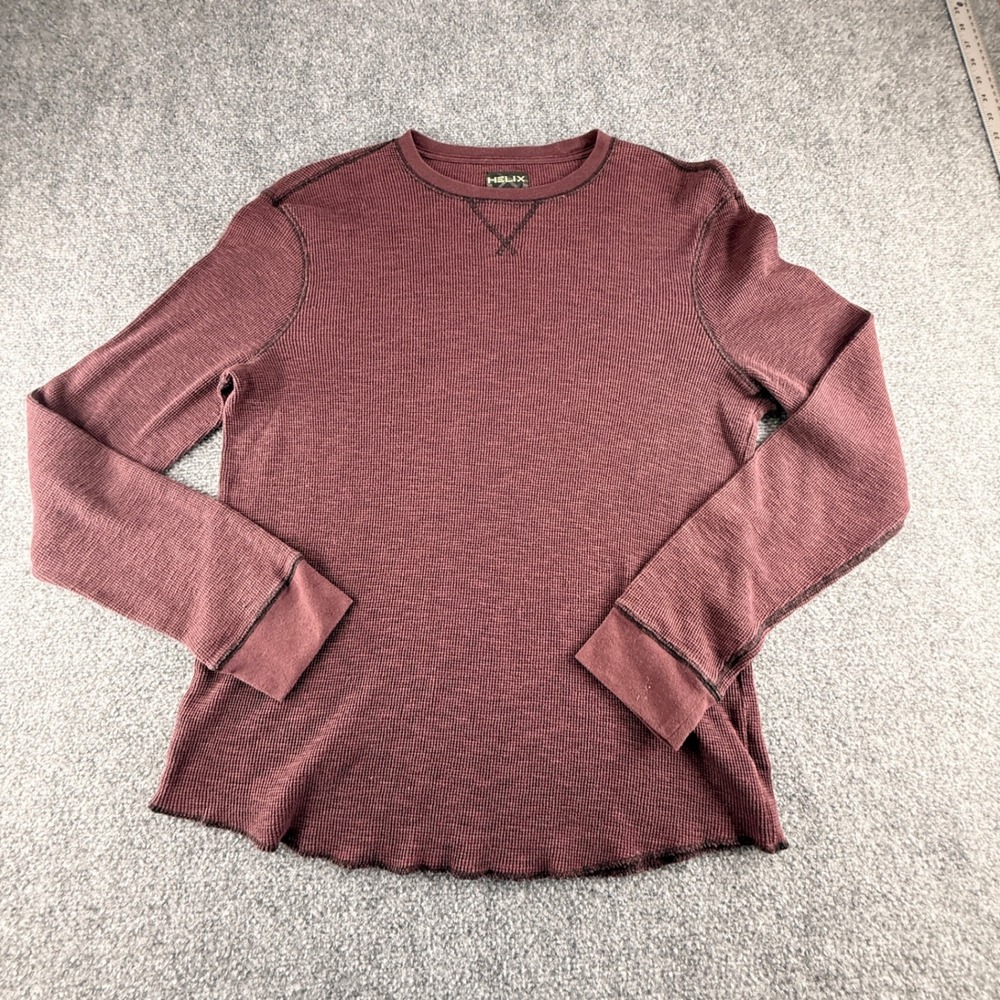 Helix Mens XL Waffle Knit Thermal Shirt Burgundy Long Sleeve Crew Neck Top